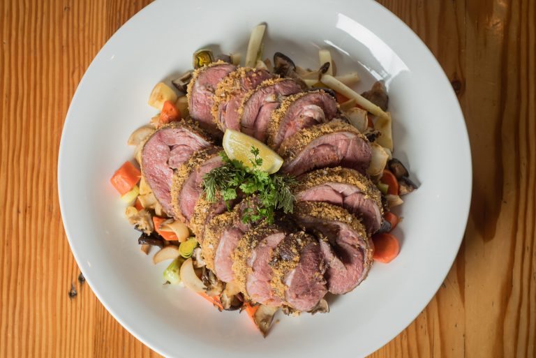 Rosemary Crusted Lamb Leg, Grainy Mustard Jus (small) Railtown Catering